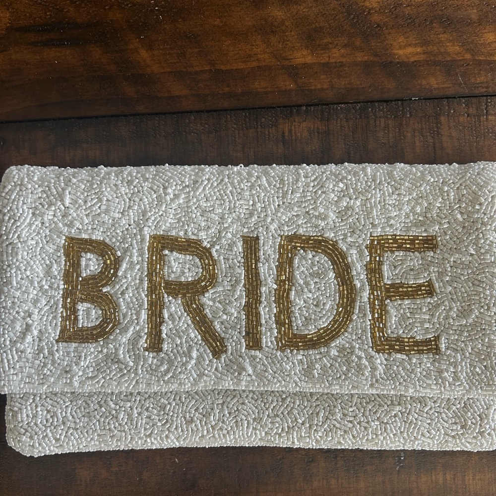 Elegant White and Gold Beaded Bride Clutch